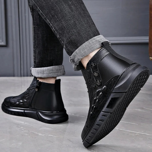 Crocodile Print High-top Pump Soft Side Zip Leather Boots