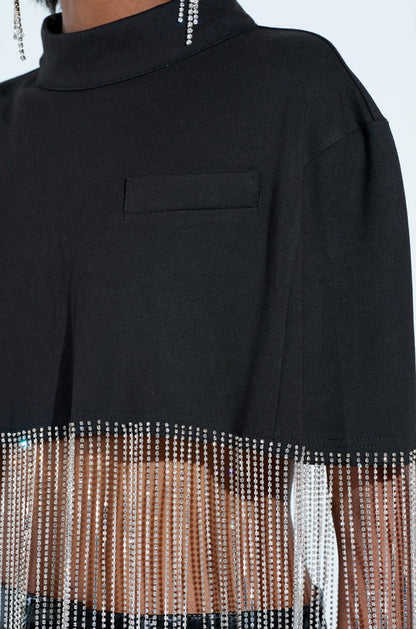 Pullover Long Sleeve Diamond Tassel Top