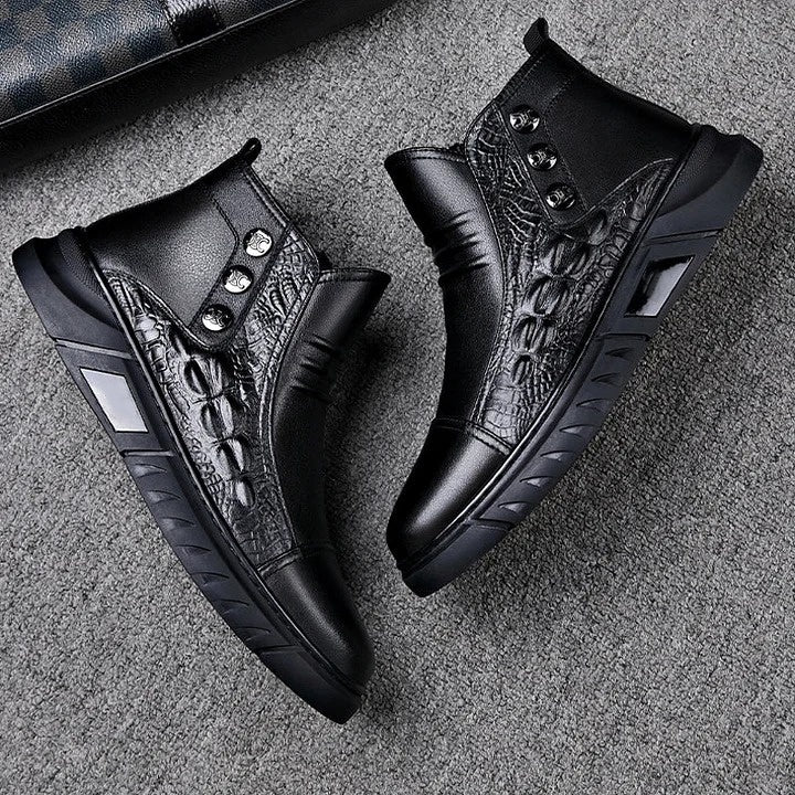 Crocodile Print High-top Pump Soft Side Zip Leather Boots
