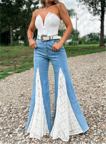 Lace Insert Bell Bottom Jeans