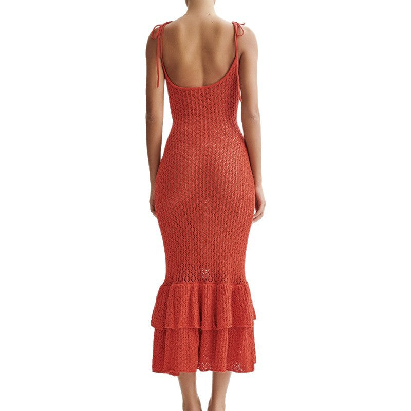Knitted Ruffled Suspenders Hollow Hip Dress