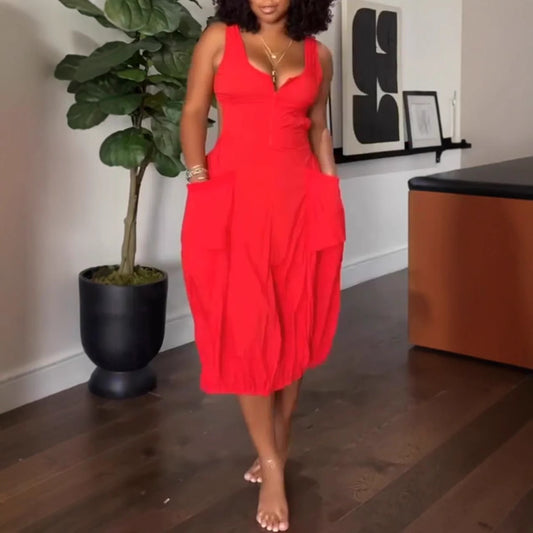 Pleated Waist Irregular V-neck Dress