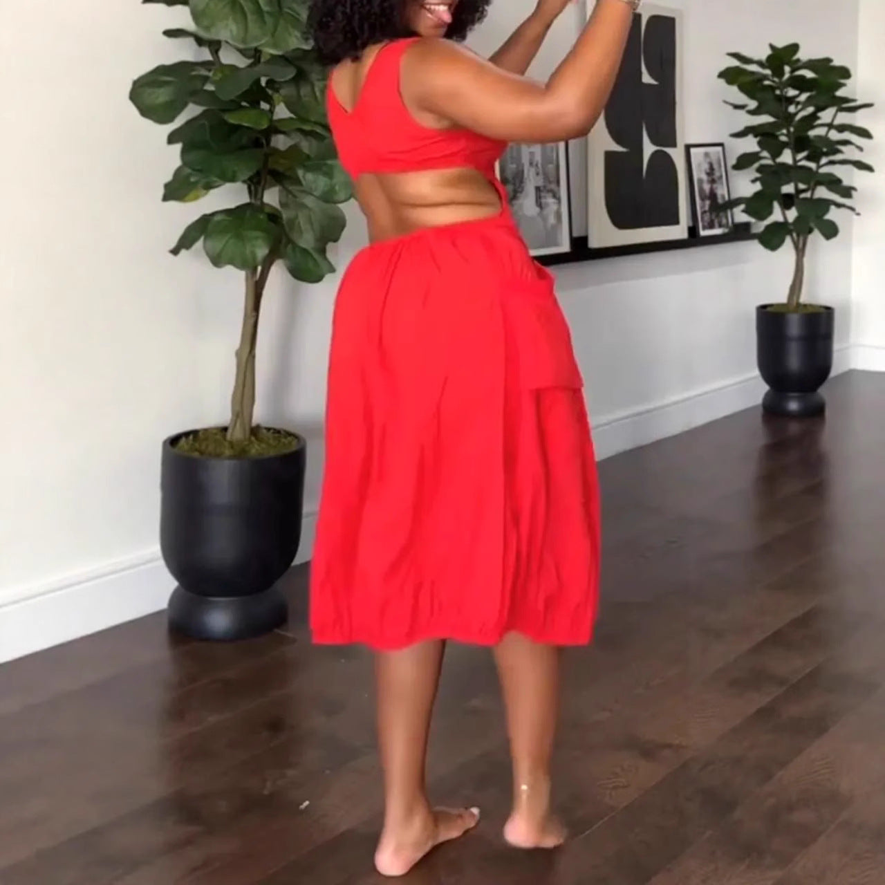 Pleated Waist Irregular V-neck Dress