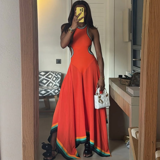 Cutout Contrast Color Irregular Striped Cotton-blend Gown
