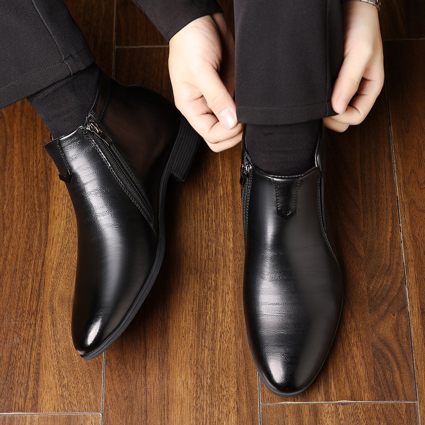 Men's Pointed Stripe Embossed Side Zipper Fashion Ankle Boots