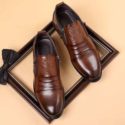 Lion Head Zipper Pointed Toe Casual Leather Shoes