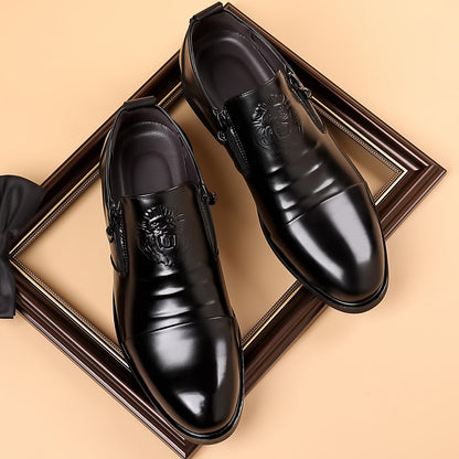 Lion Head Zipper Pointed Toe Casual Leather Shoes