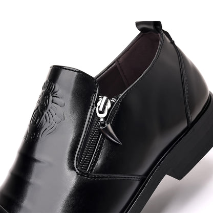 Lion Head Zipper Pointed Toe Casual Leather Shoes