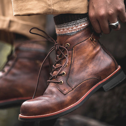 Unisex Faux Leather Lace-Up Vintage Style Casual Ankle Boots