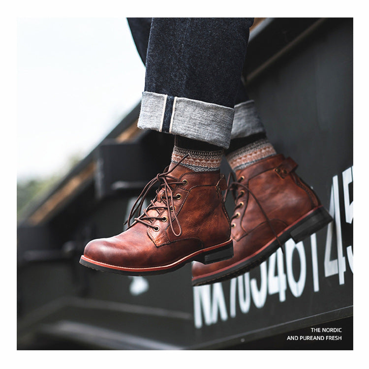Unisex Faux Leather Lace-Up Vintage Style Casual Ankle Boots
