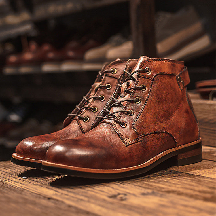 Unisex Faux Leather Lace-Up Vintage Style Casual Ankle Boots