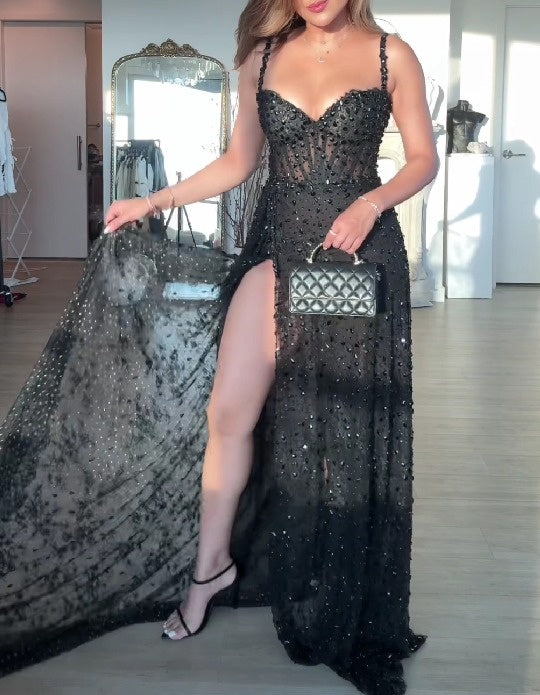 Sexy V-neck Halter Back Slit Dress