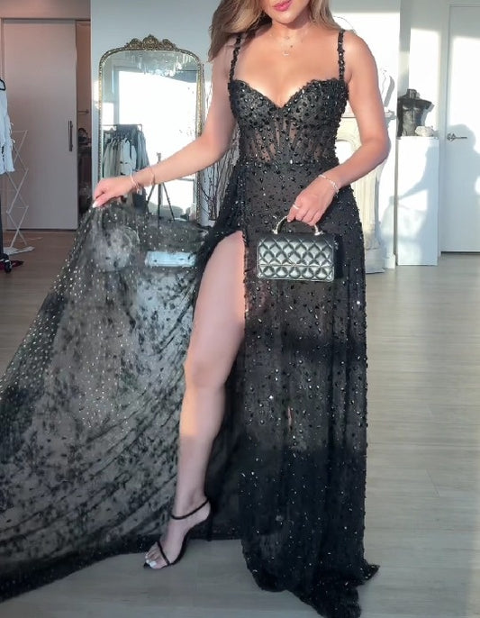 Sexy V-neck Halter Back Slit Dress