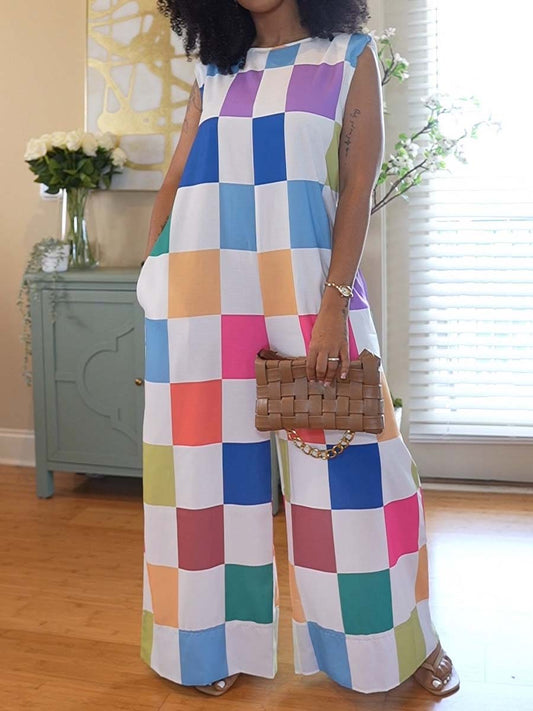 Fashion Check Color Stitching Sleeveless Jumpsuit