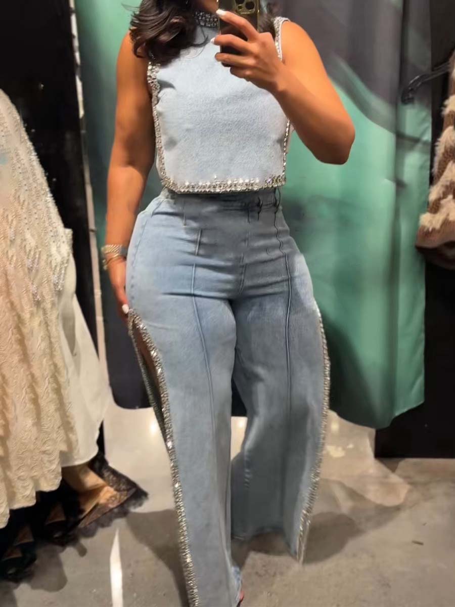 Rhinestone Denim Two Pieces Set
