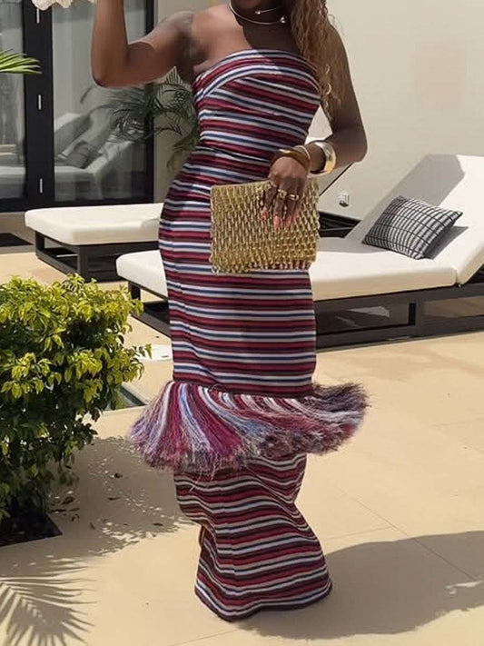 Striped Print Strapless Tassel Dress