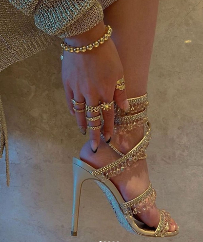 Rhinestone Tassel Embellished High-heeled Sandals