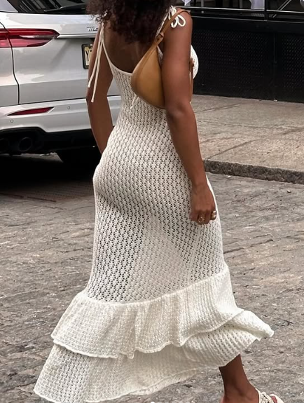 Knitted Ruffled Suspenders Hollow Hip Dress