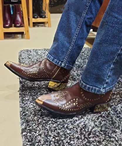 Men's Metal Toe Embroidered Rivet Ankle Boots