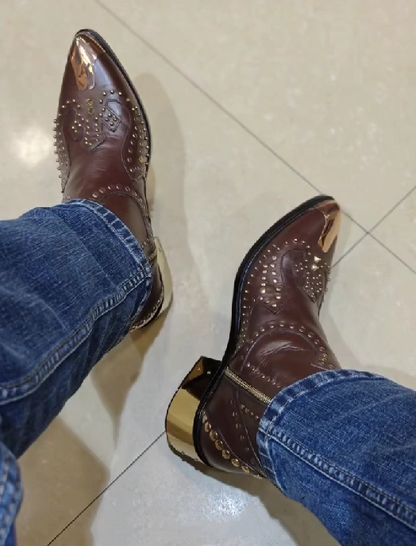 Men's Metal Toe Embroidered Rivet Ankle Boots