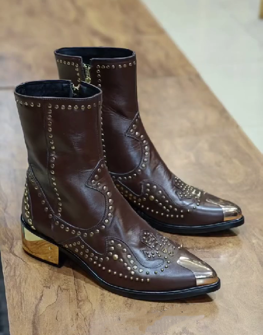 Men's Metal Toe Embroidered Rivet Ankle Boots