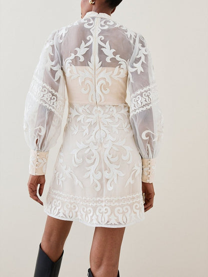 Sheer Bubble Sleeve Applique Short Dress