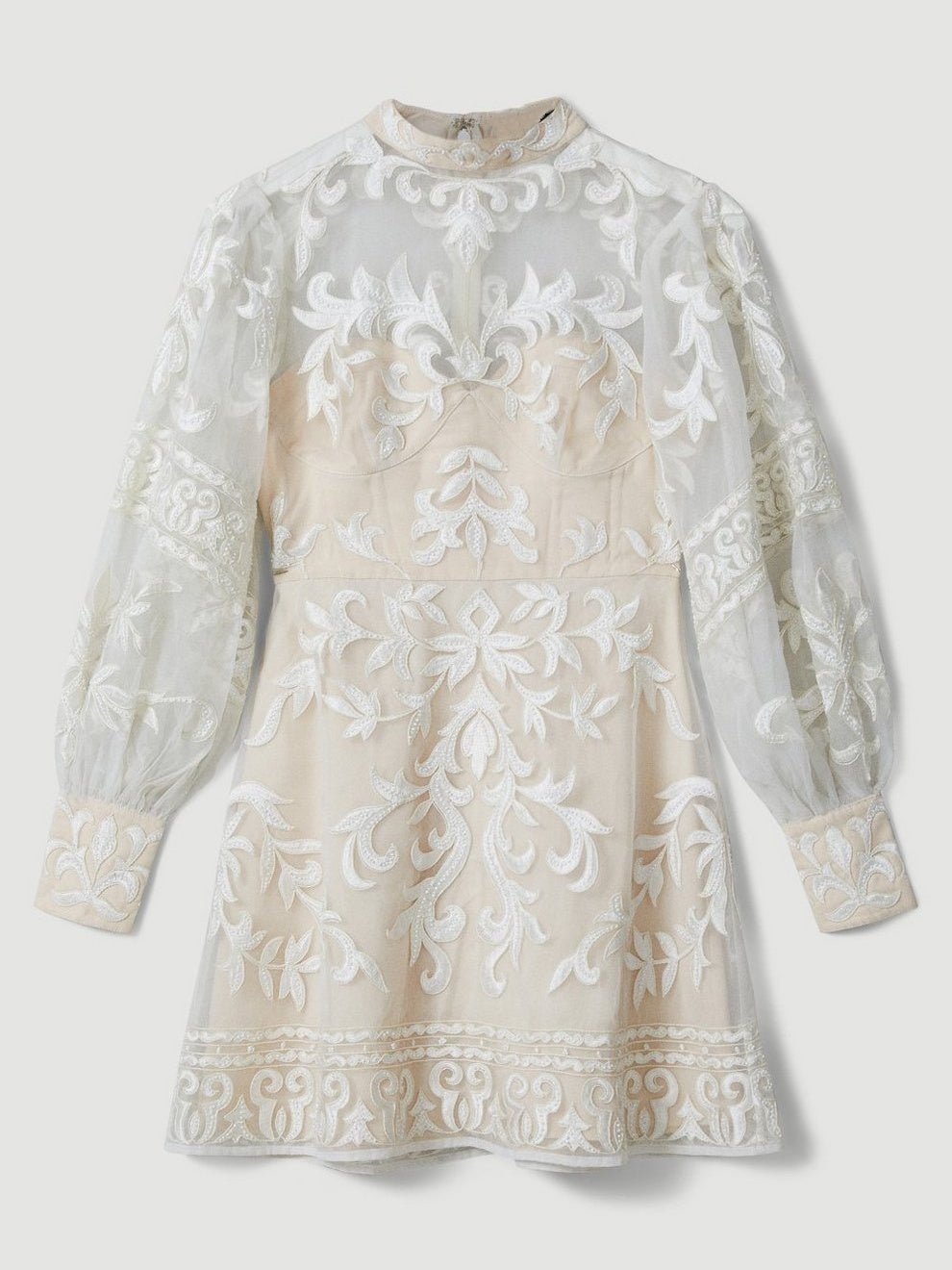 Sheer Bubble Sleeve Applique Short Dress