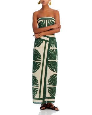 Palm Leaf Printed Strapless Wrap Midi Dress - Green and Cream