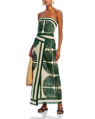 Palm Leaf Printed Strapless Wrap Midi Dress - Green and Cream