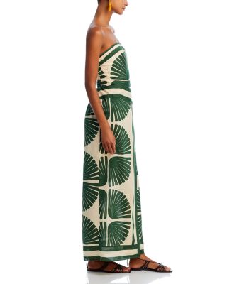 Palm Leaf Printed Strapless Wrap Midi Dress - Green and Cream