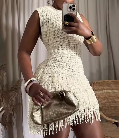 Sleeveless Tassel Hollow Patchwork Dress