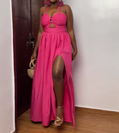Deep V Hollow Slit Suspender Dress
