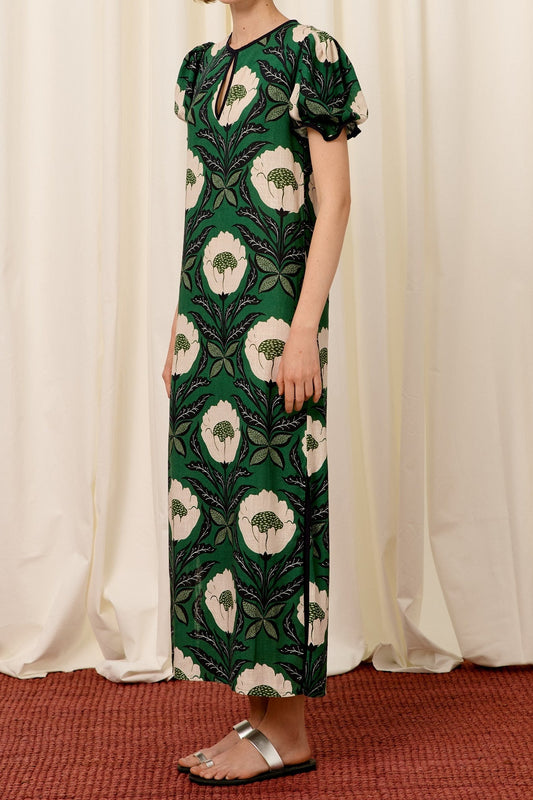 Round Neck Puff Sleeve Slit Dress