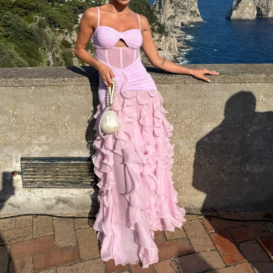 Ruffled Halter Mesh Backless Skirt