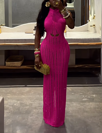 High Neck Crochet Backless Beach Maxi Dress