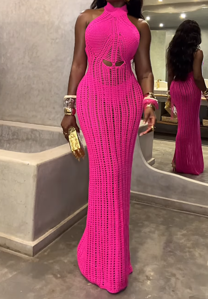 High Neck Crochet Backless Beach Maxi Dress