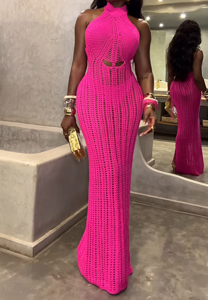High Neck Crochet Backless Beach Maxi Dress