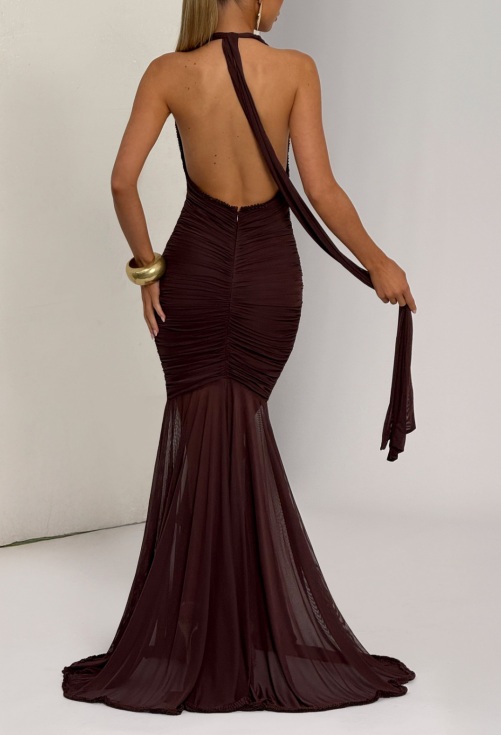 Lace Train Halter Neck Sexy Dress