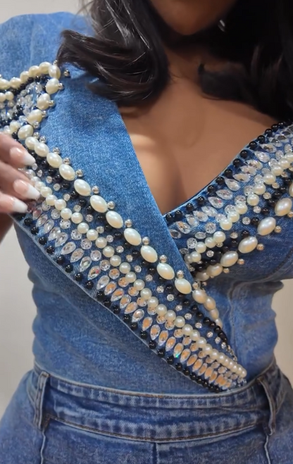 Pearl Rhinestone Top &Slit Jeans Set