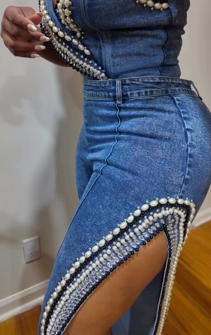Pearl Rhinestone Top &Slit Jeans Set