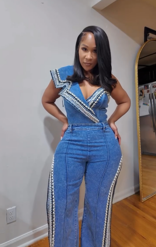 Pearl Rhinestone Top &Slit Jeans Set