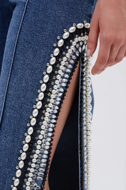 Pearl Rhinestone Top &Slit Jeans Set