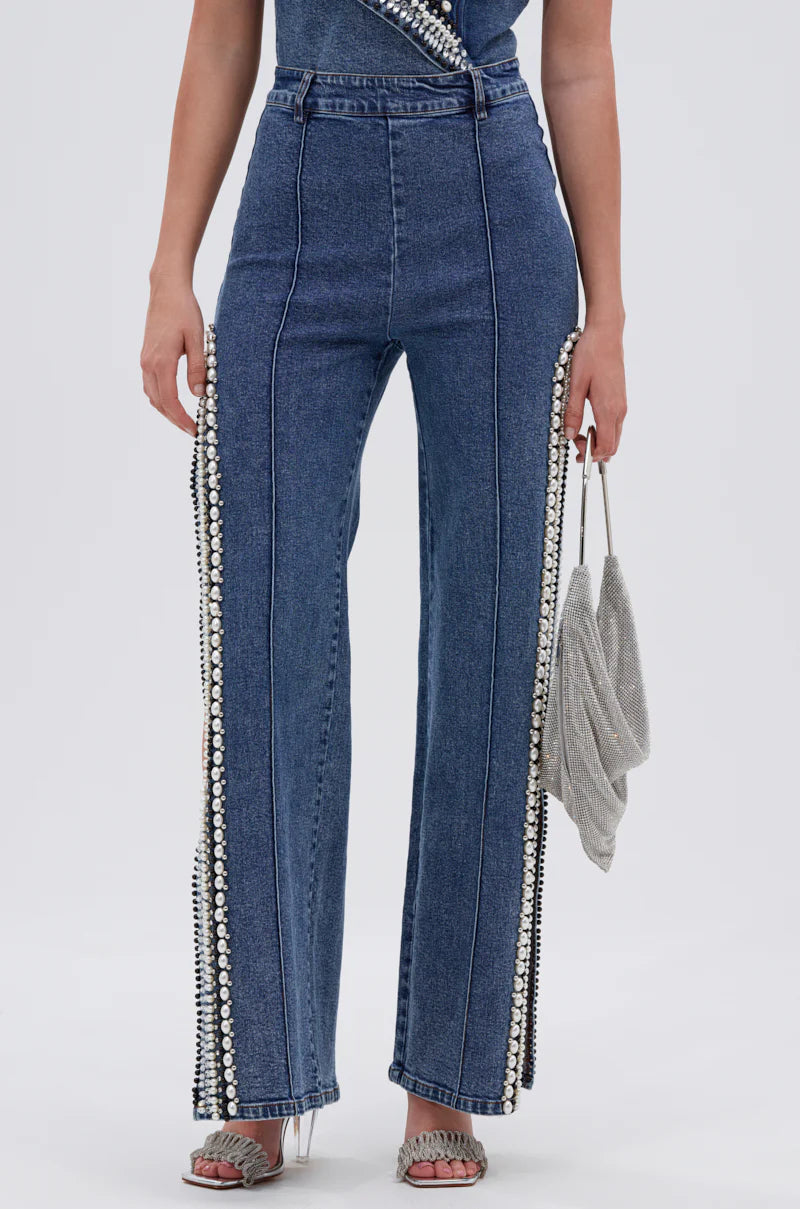 Pearl Rhinestone Top &Slit Jeans Set