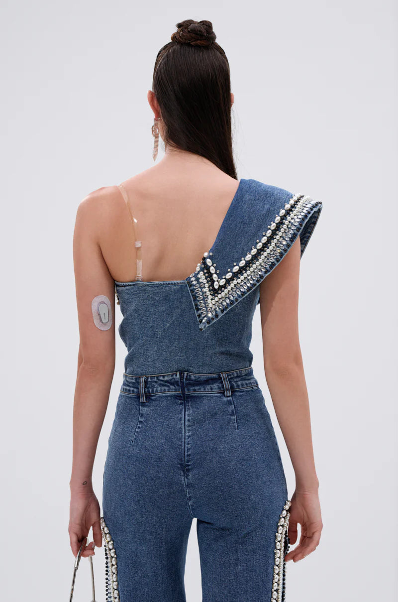 Pearl Rhinestone Top &Slit Jeans Set