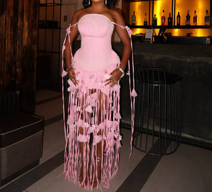Handmade 3D Petal Tube Top Tassel Skirt