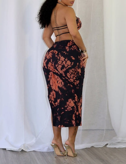 Mesh Print Strappy Slit Midi Dress