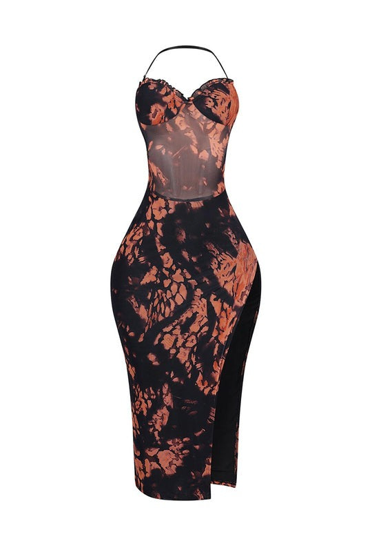 Mesh Print Strappy Slit Midi Dress