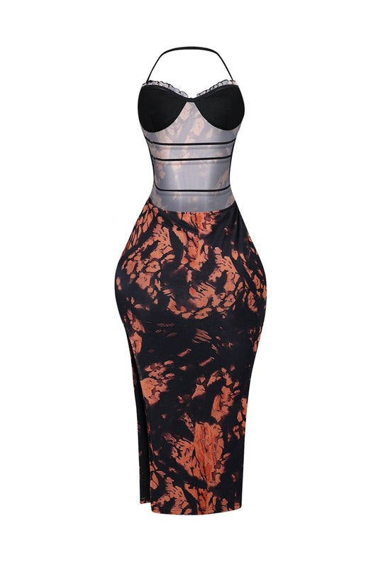 Mesh Print Strappy Slit Midi Dress