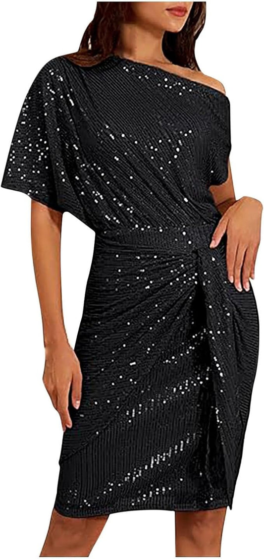 Women's Sequin Glitter One Shoulder Bodycon Dress