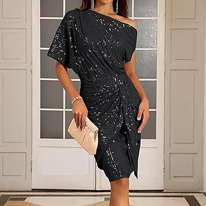 Women's Sequin Glitter One Shoulder Bodycon Dress
